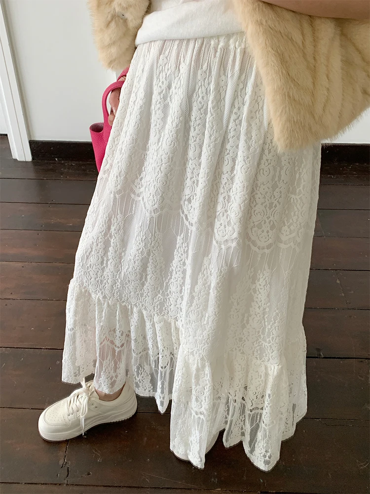 

Юбка А-силуэта с золотым кружевом и вышивкой, с завышенной талией, облегающая, белая, весна 2026, корейский шик