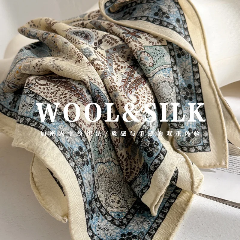 

Синий цветок кешью, 100% шелковая шерсть, квадратный шарф, винтажная шаль, верхняя одежда для женщин, элегантная бандана, платок на шею, повязки на голову