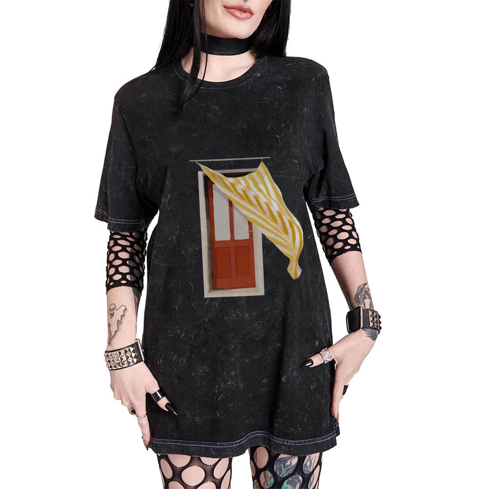 グラフィック Tシャツ ウィンドウカーテン Tシャツ 綿 100% 高品質 オーバーサイズ ウォッシュド Tシャツ イエロー カーテン プリント アーティスティック Y2K バイブ