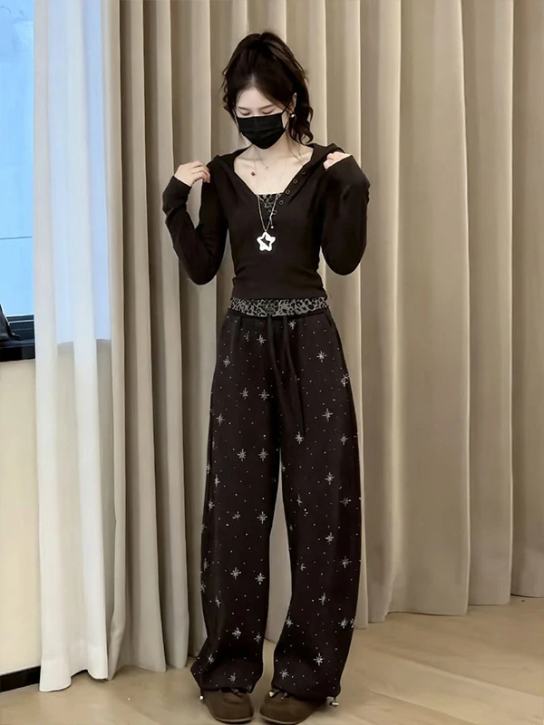 Early Autumn Women's Two-Piece Set with Hood Wide Leg Pants Long Sleeve Sparkling Drill Casual Fashion Ensemble High Waist