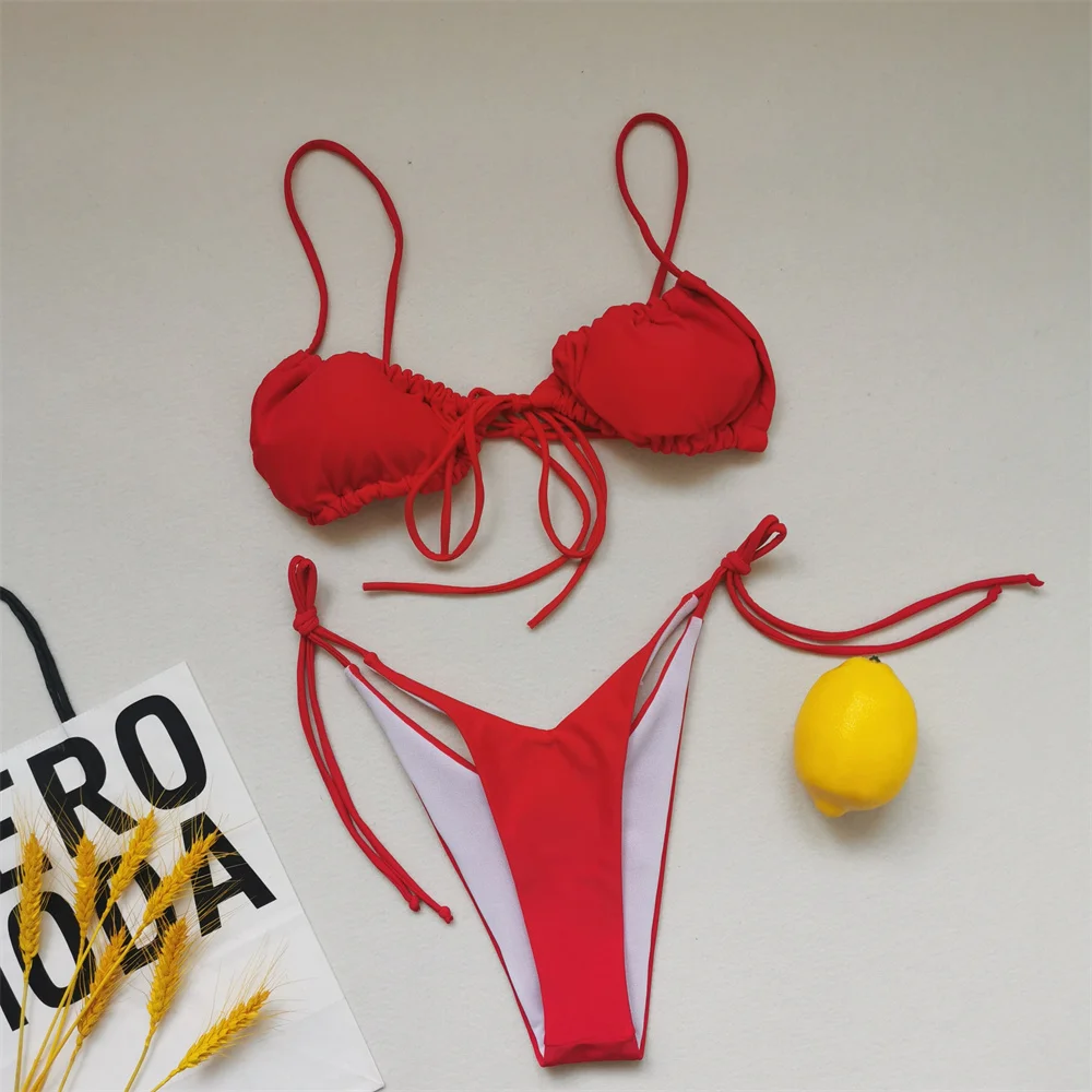 Precioso Bikini de playa con cordones fruncidos, traje de baño con Tanga para mujer, traje de baño de tendencia Y2K para vacaciones, microconjunto de baño separado