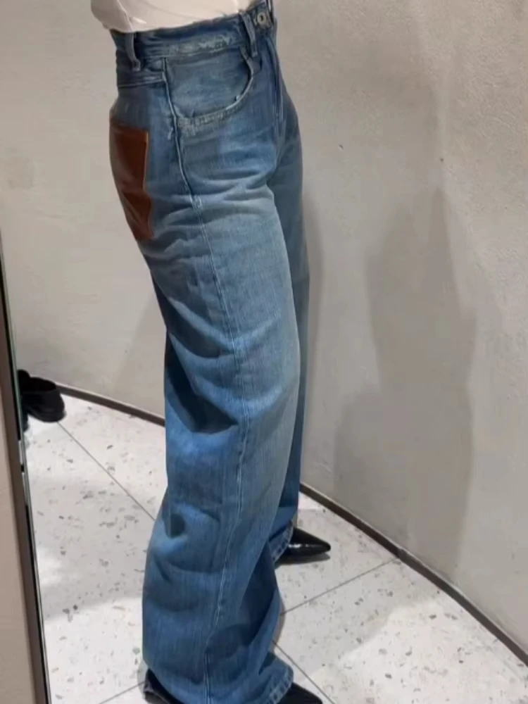 

Women'PU Leather Patchwork Pant Pocket Wide Leg High Waist Loose Fit Jeans Casual Daily Streetwear Fashion 2026 Lady Spring Pant