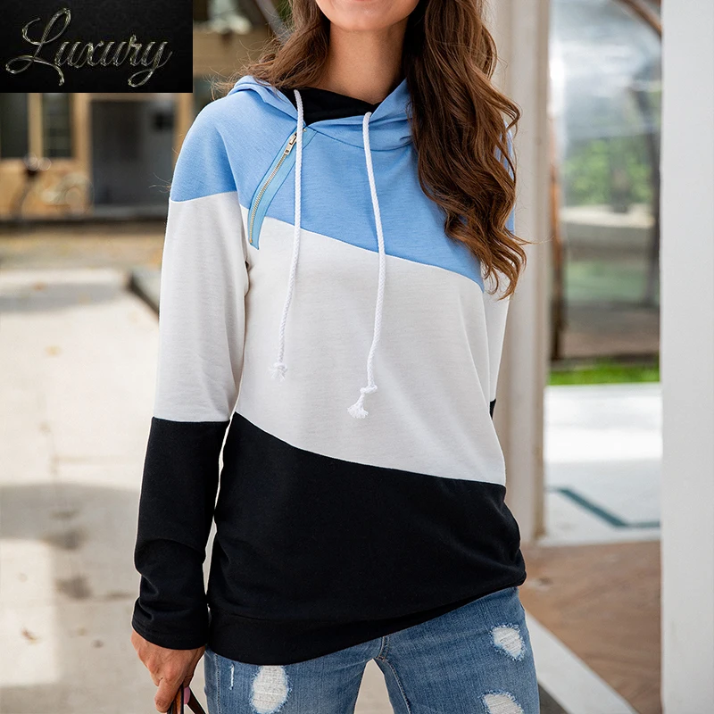 

Diagonal Zipper Stitching Hoodies Women Slim Drawstring Sweatshirts Autumn Winter 2024 New Style Long Sleeves