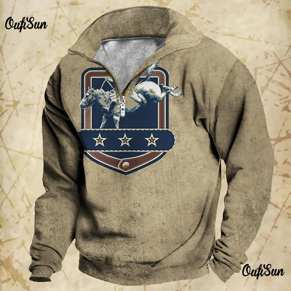 New Vintage Zip Sweatshirt Cowboy Hoodies Sweater For Men\'s 3d Print Autumn Long Sleeve Loose Tops Clothes For Men Clothing