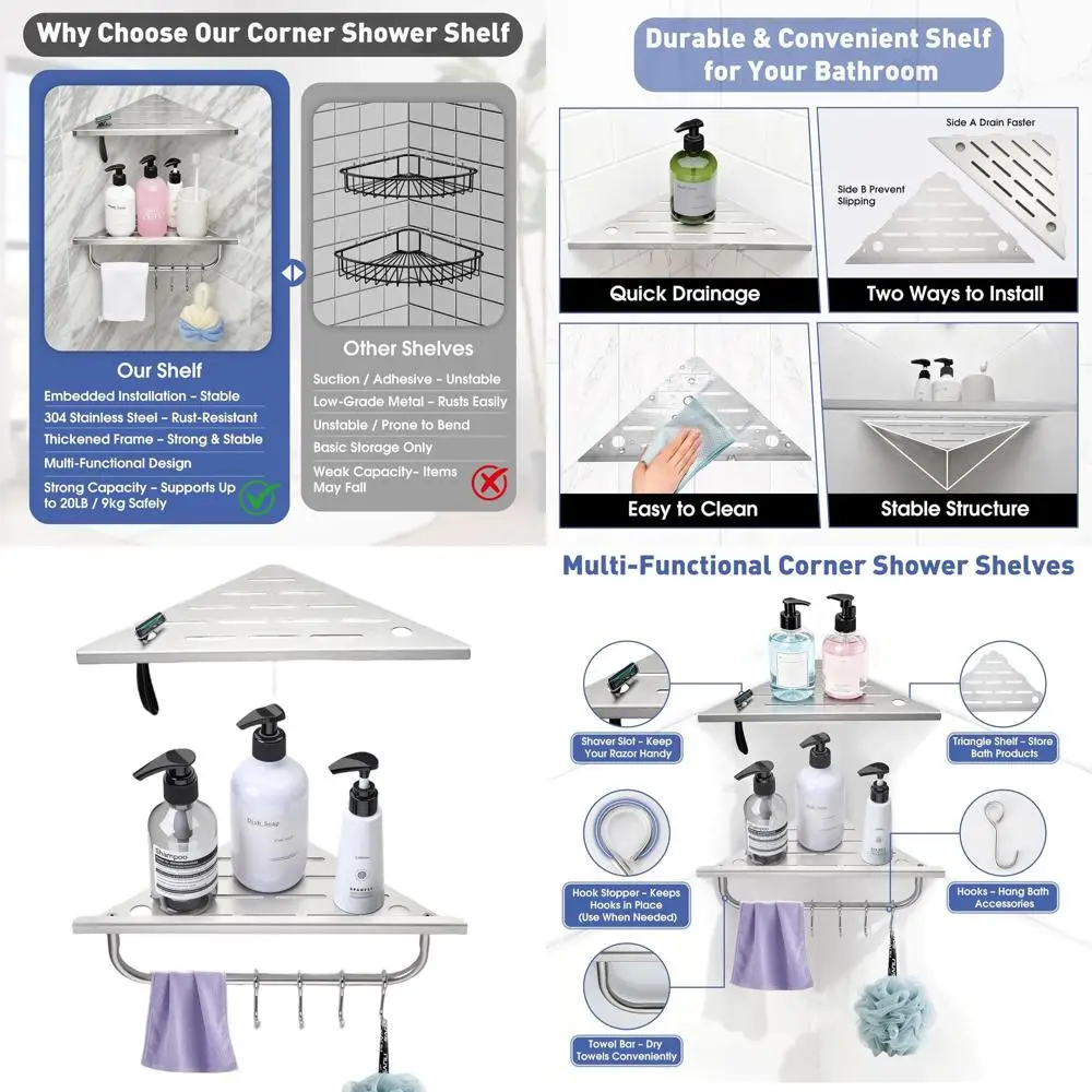 

Набор из 2 шт., 10-дюймовые угловые полки для душа из нержавеющей стали с полотенцесушителем и крючками, отделка из матового никеля, установка без сверления.