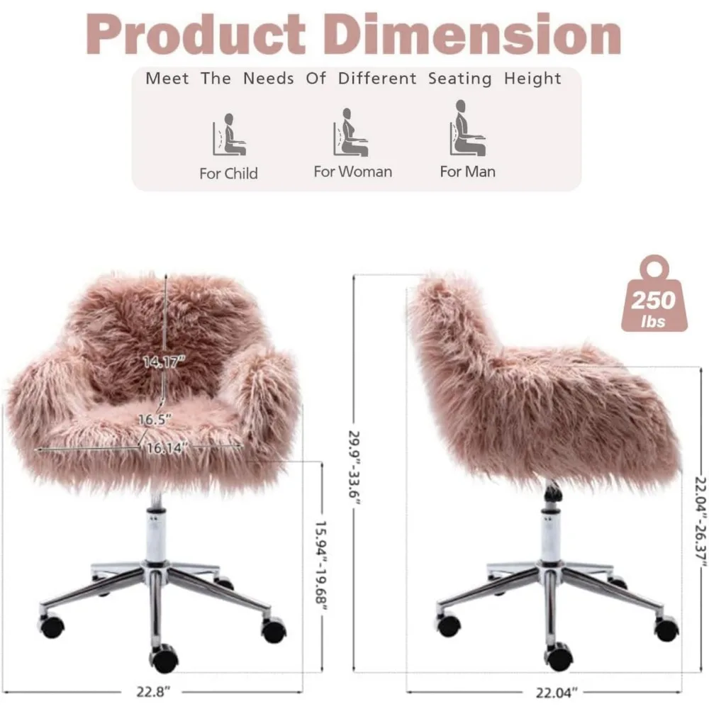 Silla de tocador de cuero Artificial con ruedas, mesa y silla de maquillaje peluda rosa, sillón de trabajo giratorio