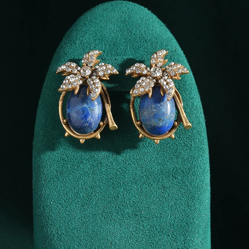 

Vintage Rhinestones Encrusted Five Leaf Flower Oval Blue Stone Stud Earrings for Women Korean Style Antique Jewelry Accessories