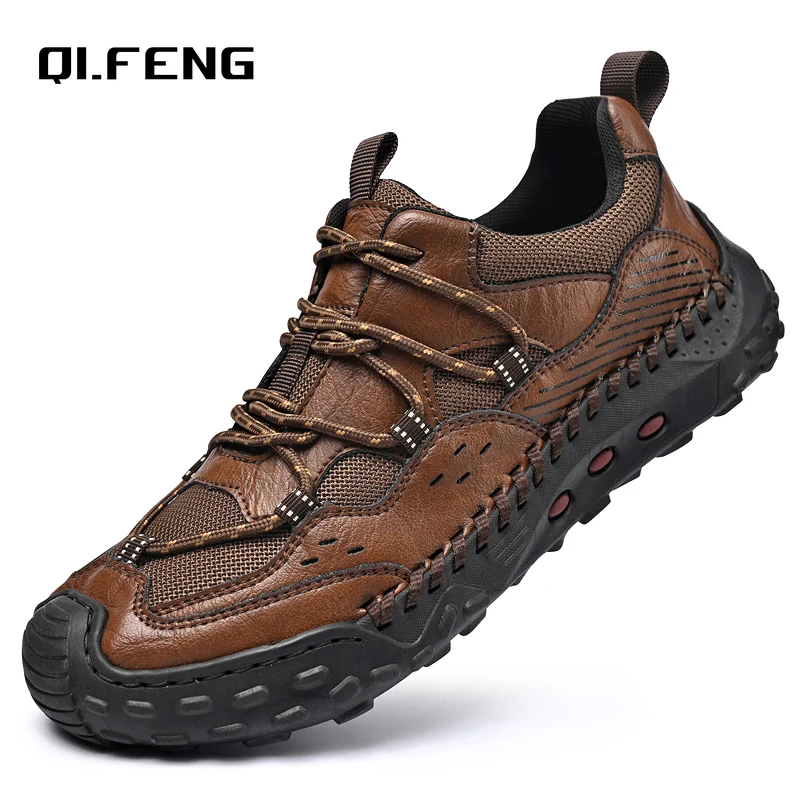 

New Men's Hand sewn Shoes Spring Autumn Mesh Breathable Casual Shoes Anti slip Wear resistant Comfortable Flat Leather Footwear