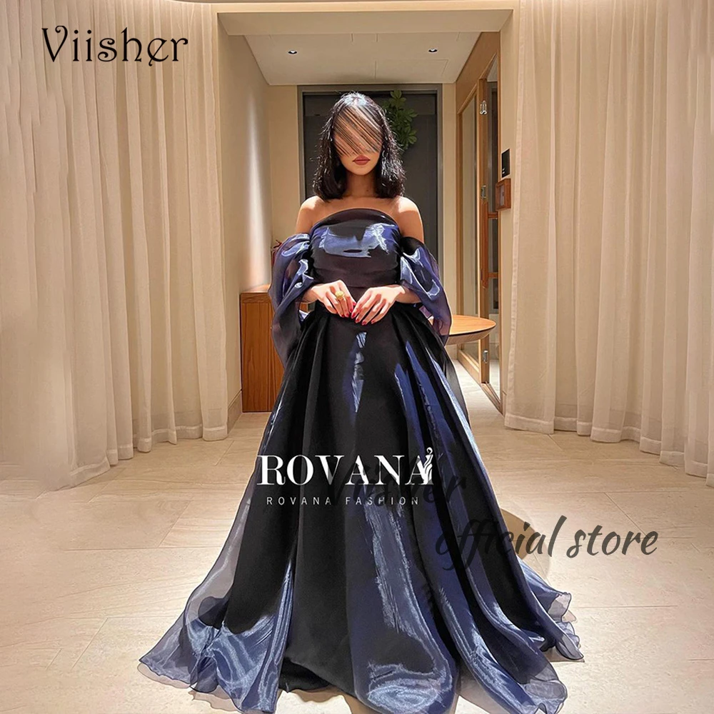 

Navy Blue Organza A Line Evening Dresses Off Shoulder Pleats Strapless Arabian Dubai Formal Prom Dress with Train Party Gowns