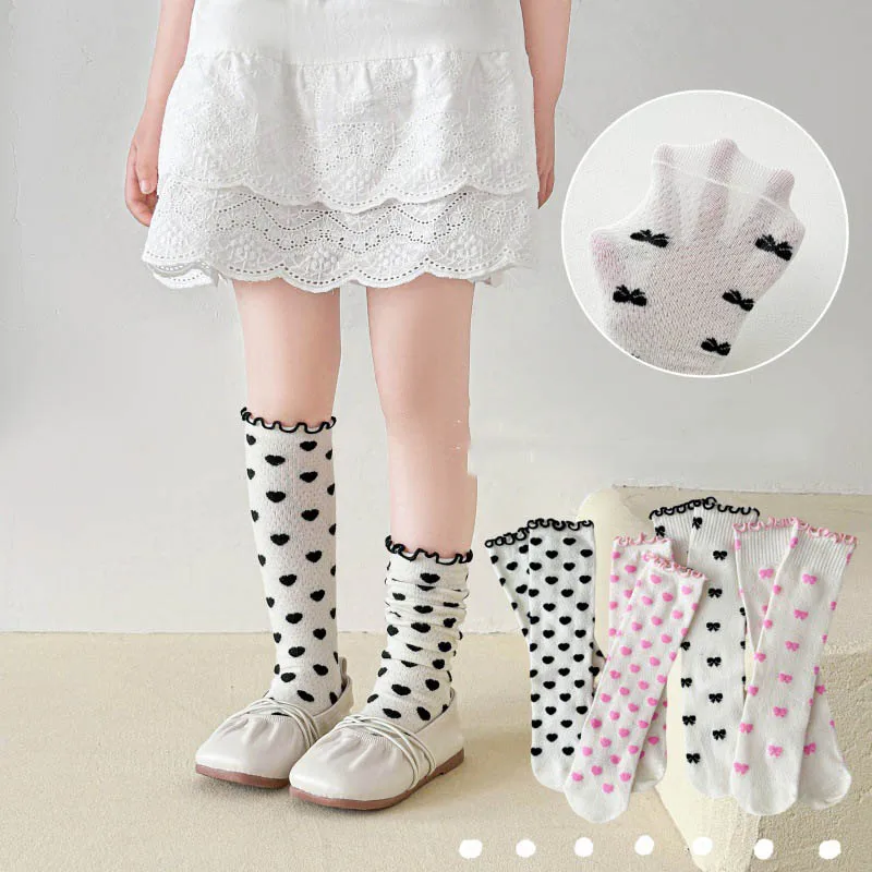Cute Bow Love Printed Baby Girl Sock Summer Breathable Mesh Middle Tube Socks For Girl 2-10Y Kids Girl Sweet Thin Princess Socks