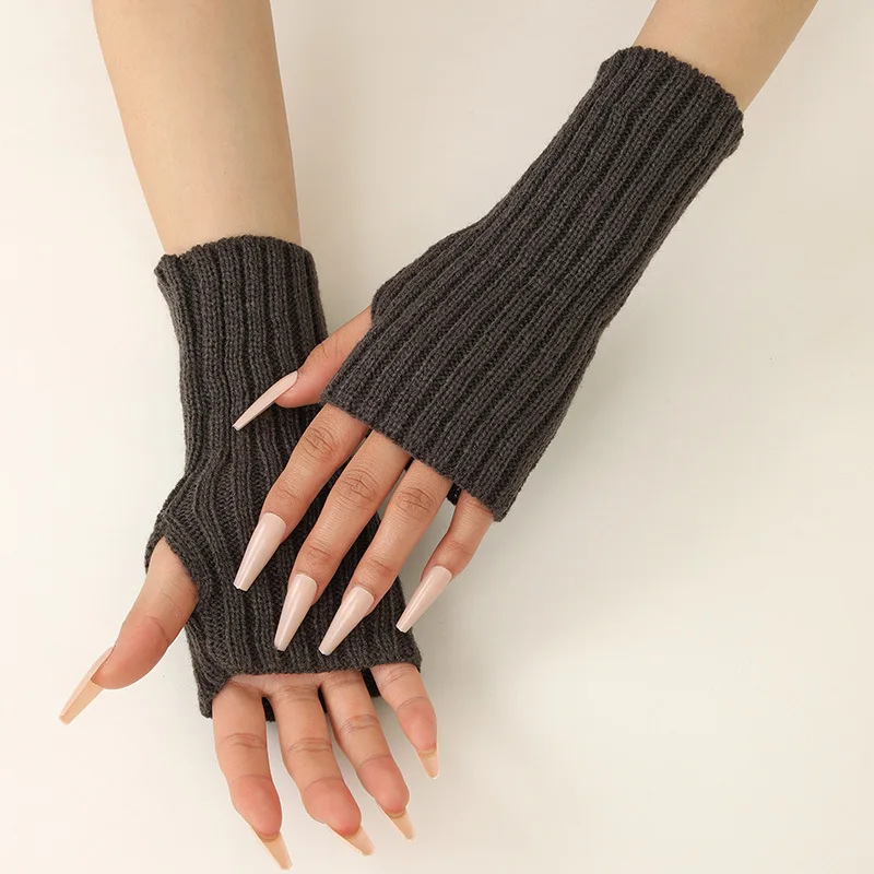 Autumn Winter Fashion Warm Fingerless Solid Color Ribbed Knitted Short Gloves Arm Warmers Versatile Fingerless Gloves