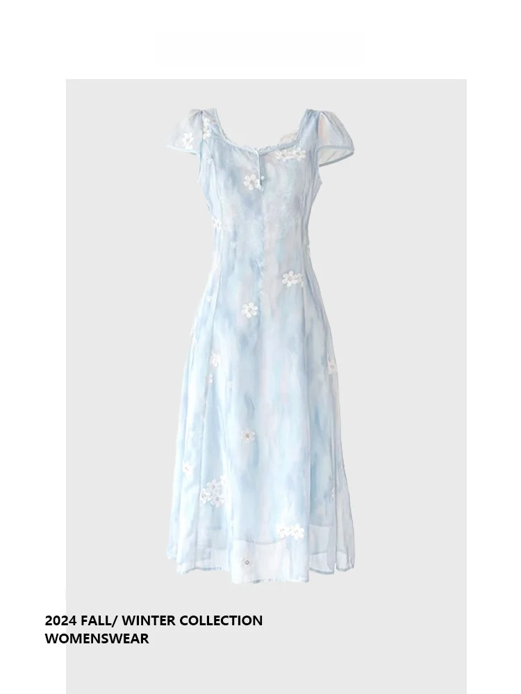 

Sweet Summer Style Slimming Lace Flower Embroidery Dress Forever 21 Blue Crane Commute Style Mid-Length Sleeveless Women's Dress