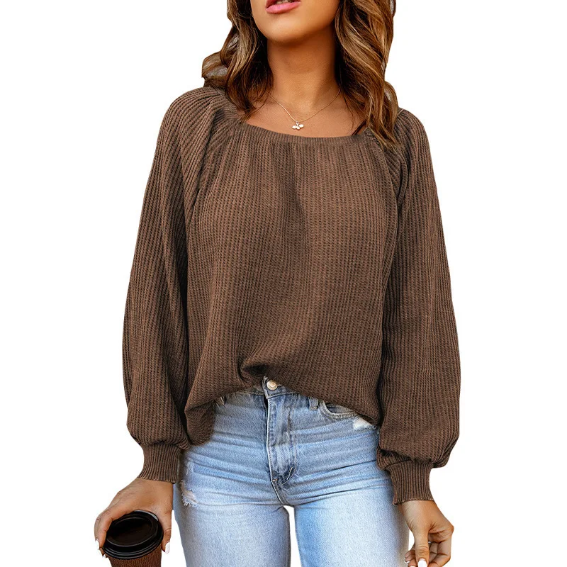 New Women Solid Color Square Neck Loose Casual Sweater Tops for Women