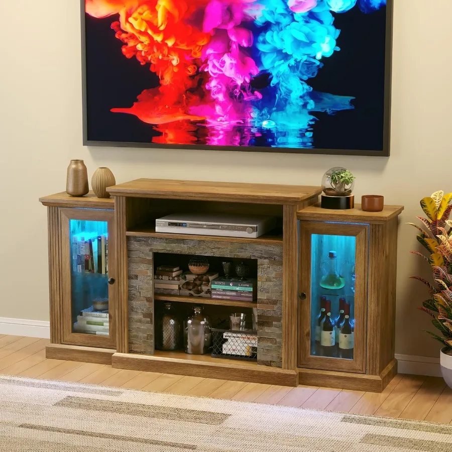 59 inch TV Stand Farmhouse Entertainment Center with LED Lighted Display Cabinets Console Table with Faux Flat Stone Texture fo