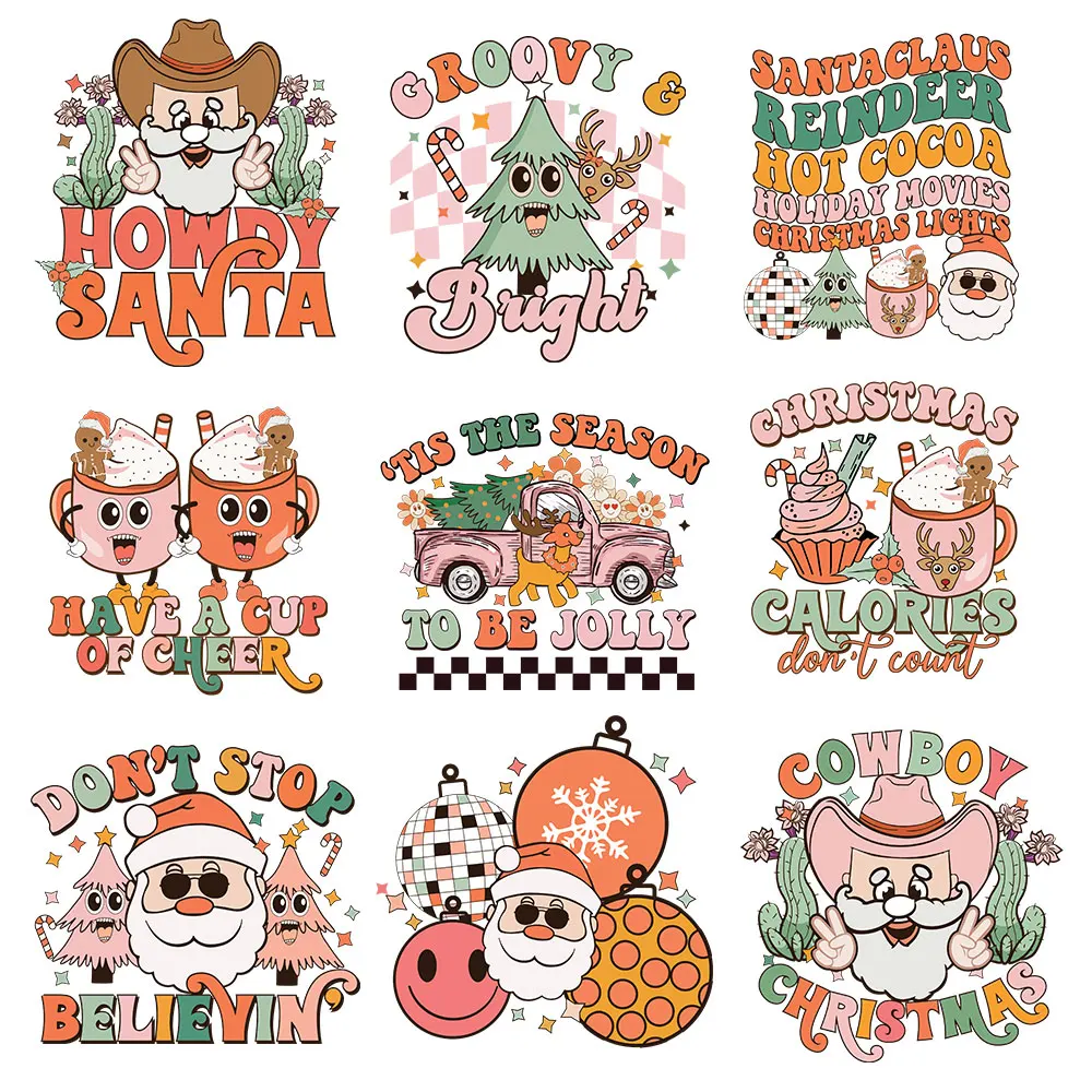 

Hot Printing Design Christmas Heat Transfers For Clothing Sticker Howdy Santa Iron Patches For T-shirt DIY Decals Deco Appliques