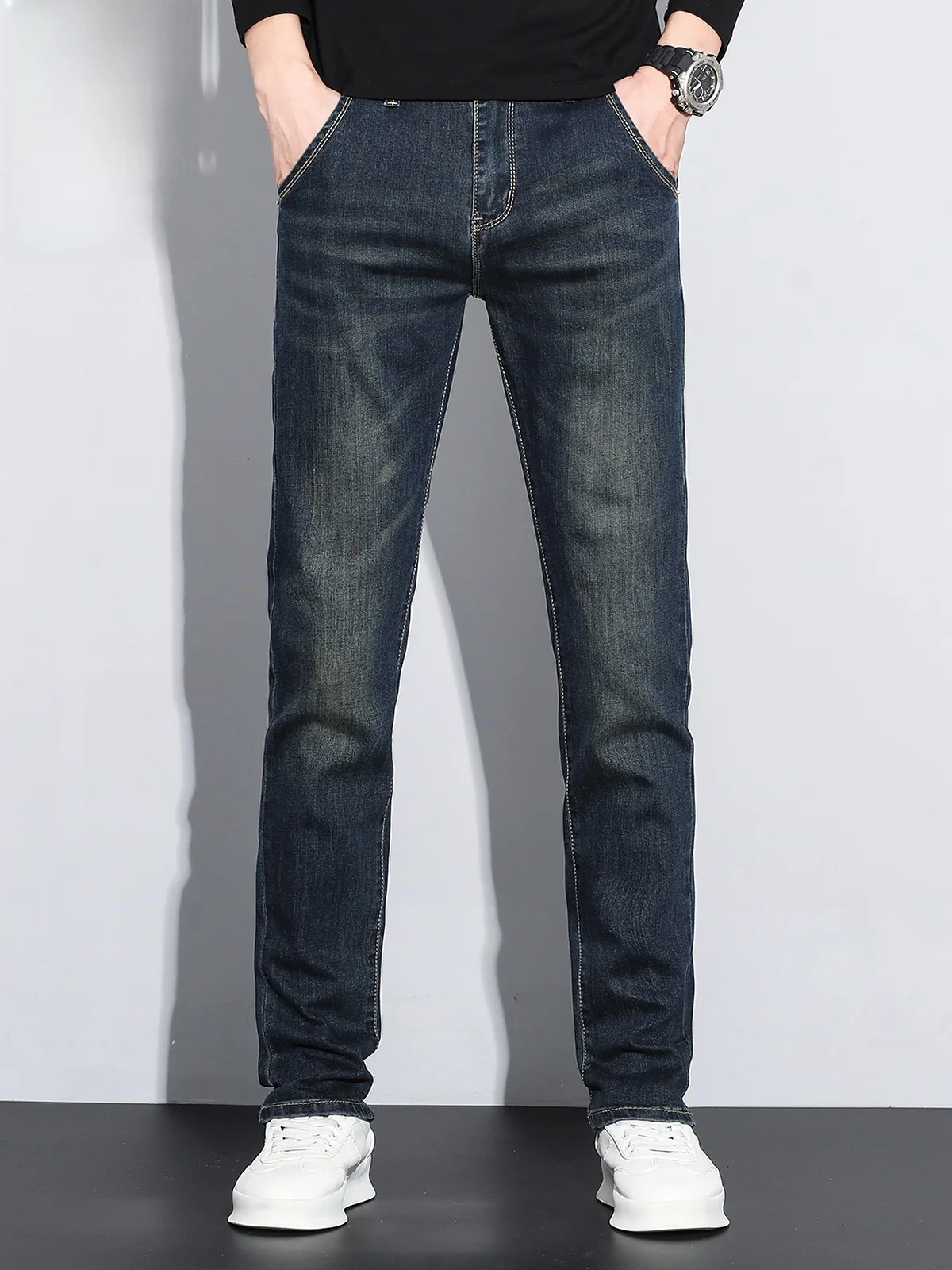 

Синие мужские джинсы Slim Fit: модные весенние новые длинные брюки из хлопка и полиэстера, эластичные, износостойкие, со средней посадкой
