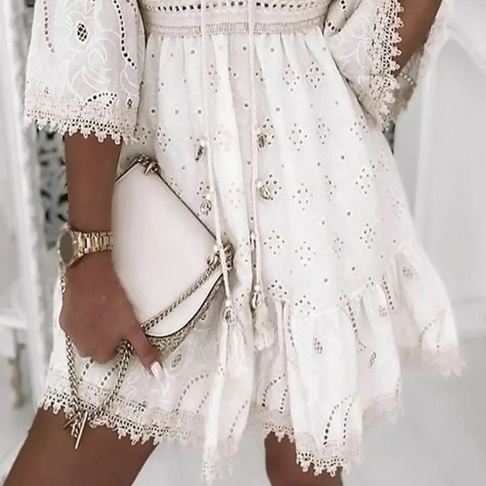 New Elegant Party Dresses For Women A Line Short Hollow Out Embroidery Solid V Neck Summer Dress Woman 2024 Trendy White Clothes