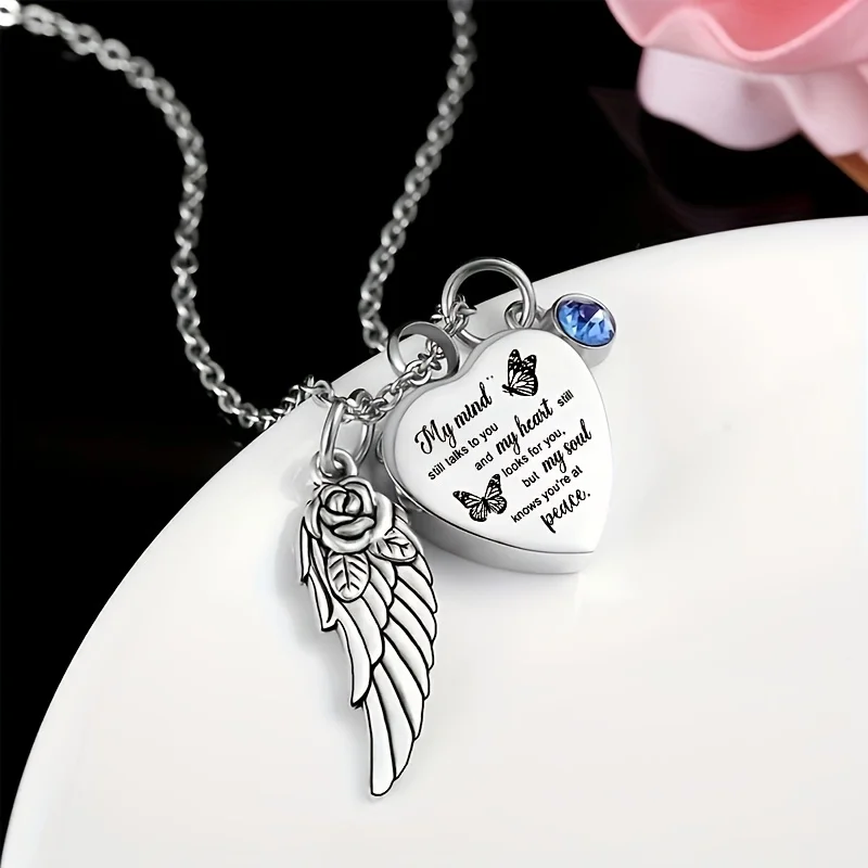 Cremation Jewelry for Ashes Pendant Stainless steel Heart Urn Necklace Angel Wings and Birthstone Pendant Necklace Man / Women