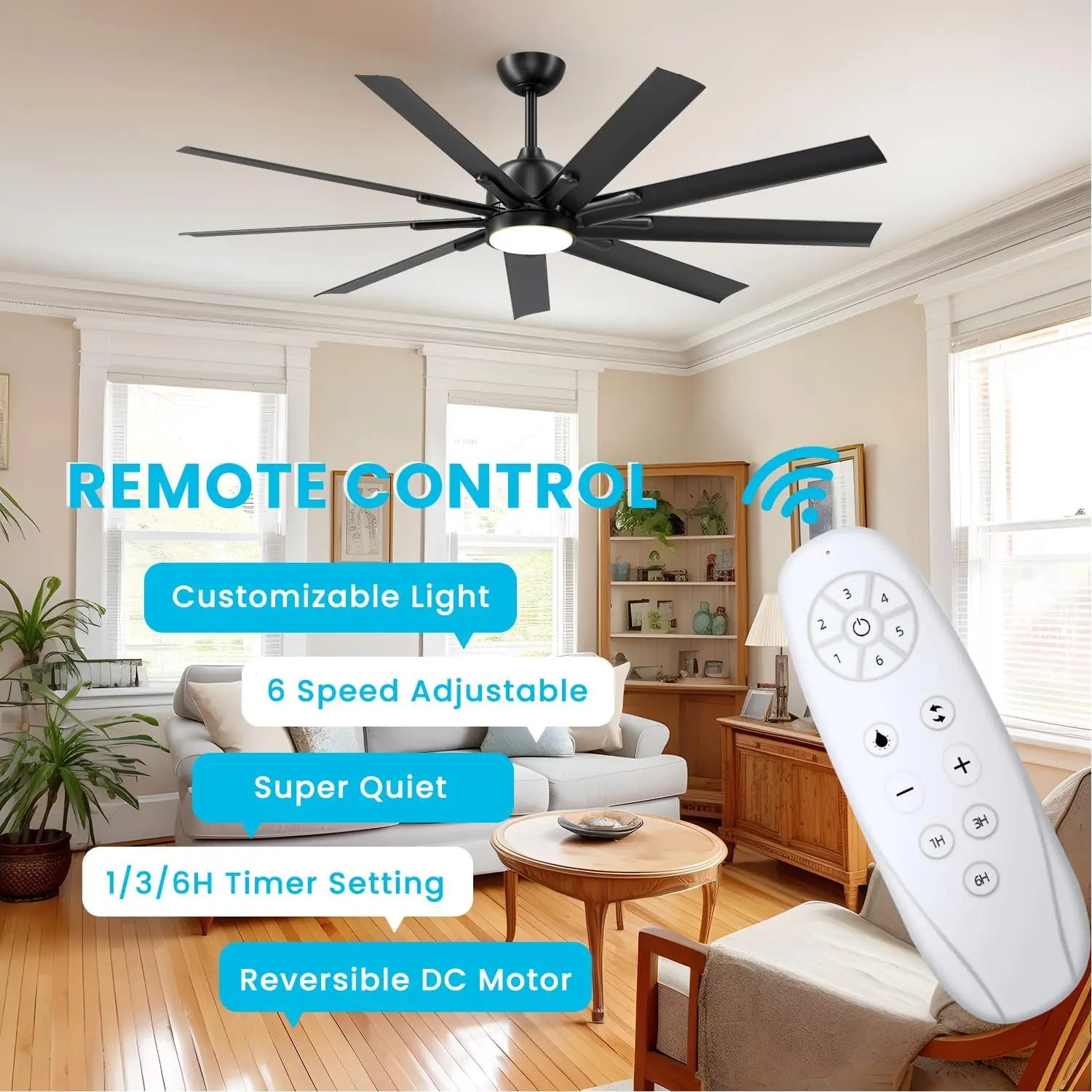 CJOY 72 inch Ceiling Fan with Light, Aluminum Black Ceiling Fans with Remote Control, 6-Speed, 9 Blades Reversible DC Motor, 3 D