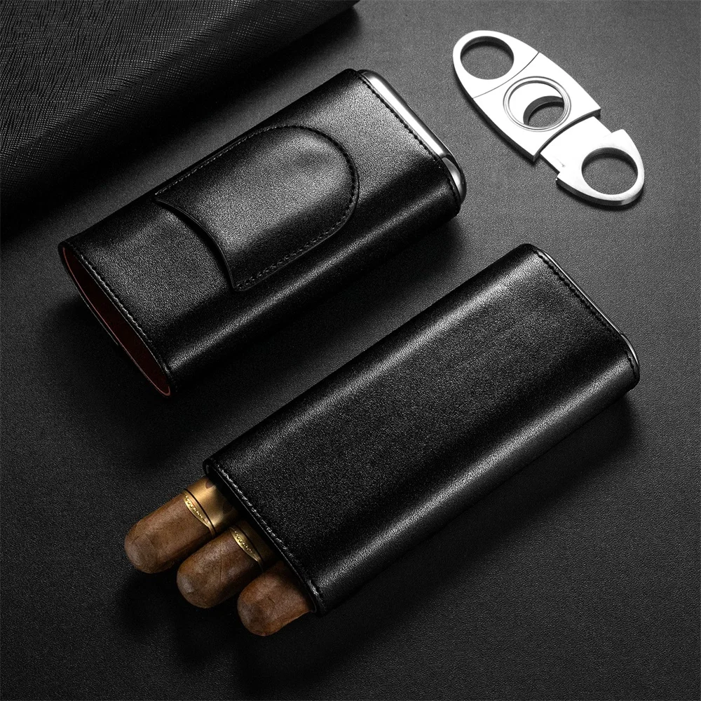 3-pack Cigar Case Portable Leather Holder Box Storage with Stainless Steel Sharp Cigar Cutter Luxury Smoking Accessories CH-24FA