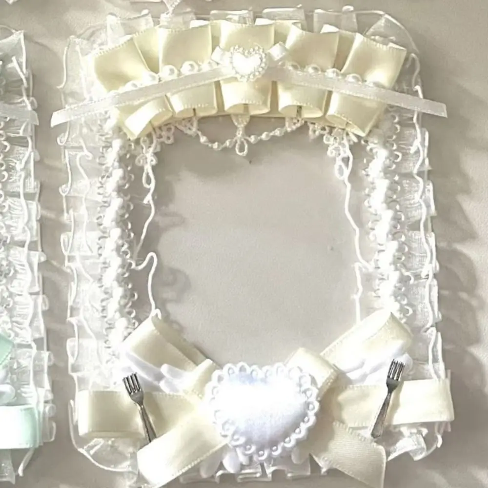 Lace Ruffles Photocard Holder Satin Ribbon Faux Pearl Decorative Card Holder Clear Sleeve Heart Decoration
