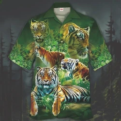 Camisas de gola cubana masculina, 3D Animal Print, manga curta, secagem rápida, top havaiano extragrande, vintage, verão, 2024