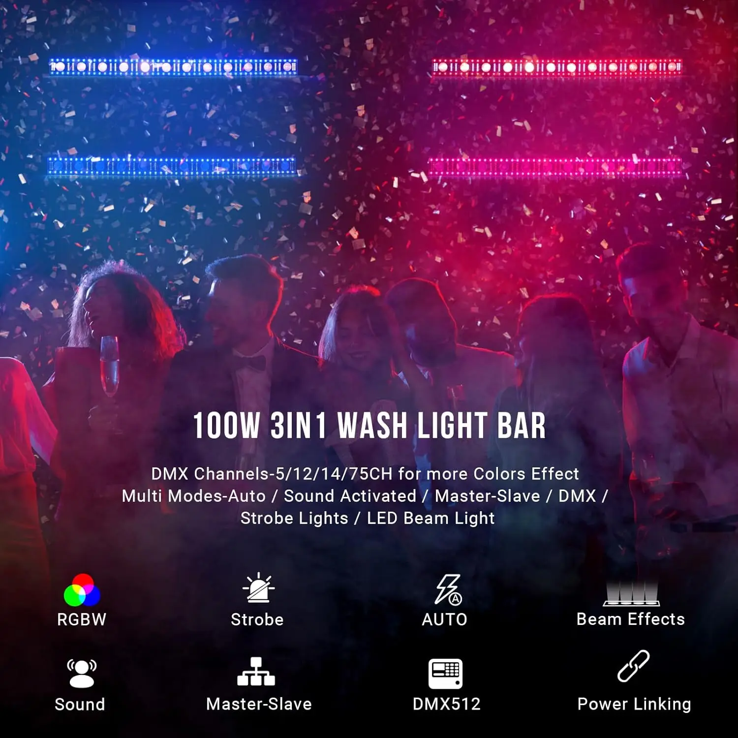 Stage Washer Light Bar 96LED RGB & 12LED White Strobe Light, Aluminum Alloy, Fast Cooling IP65 Sound Activation