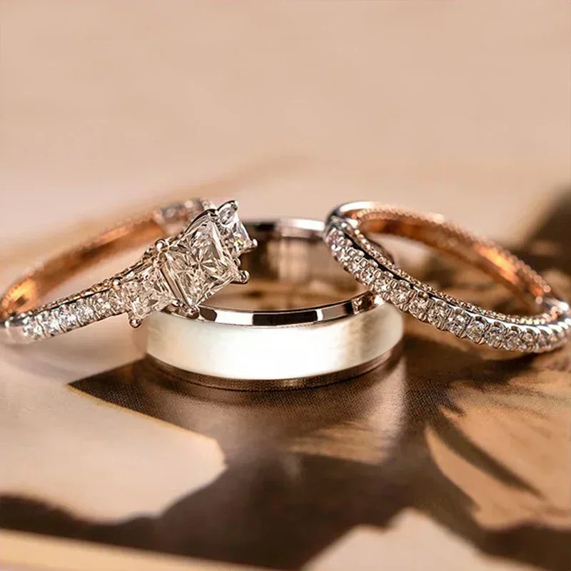 New Arrival Trendy 3Pcs/Set Women Rings Princess Cut Zircon Micro Paved Small Round CZ Stone Wedding & Engagement Jewelry