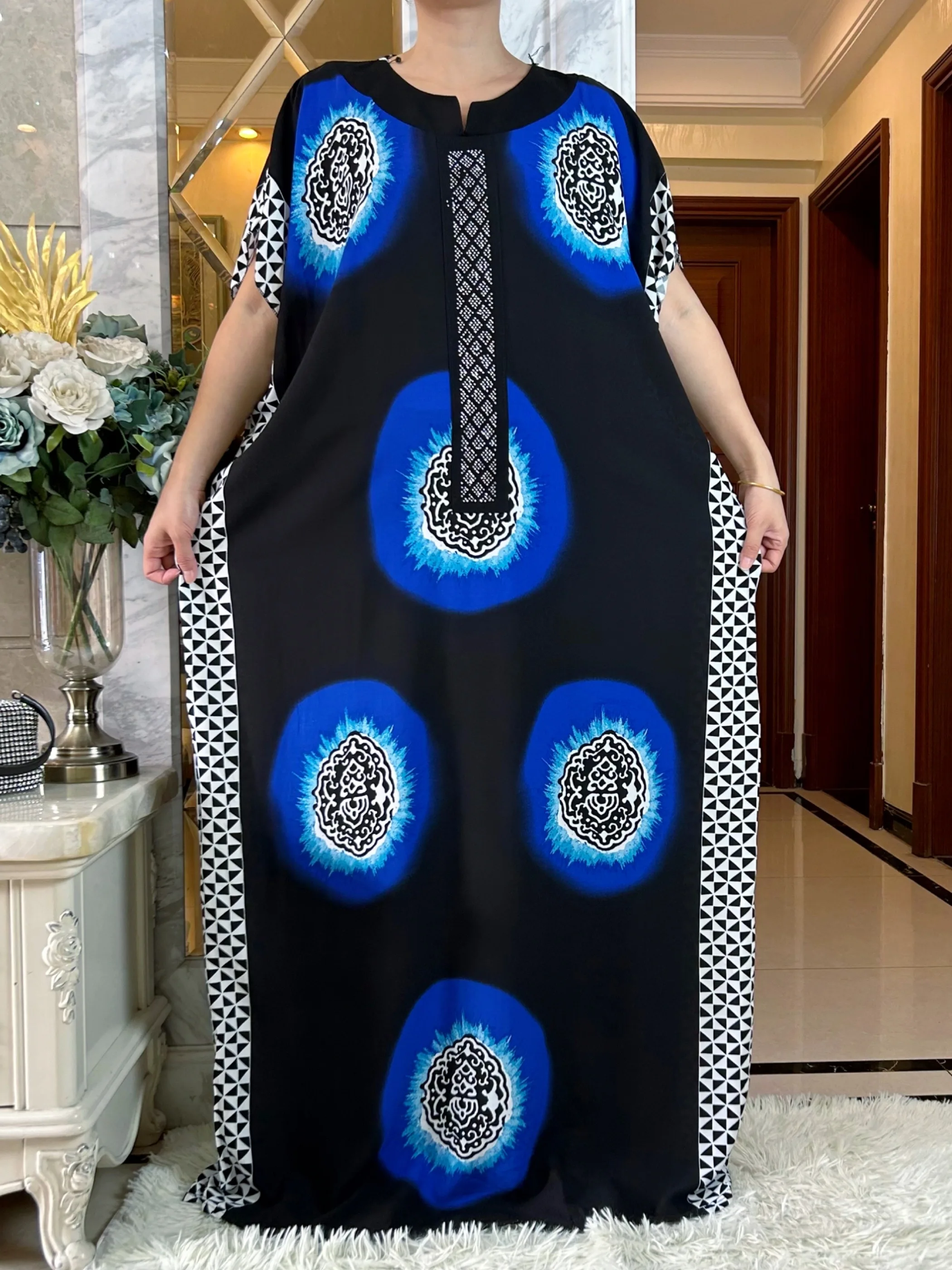 New Fashion African Maxi Short Sleeve Dress With Big Scarf Wo men Printed Loose  Cotton Robes Summer  Casual Diamonds Abaya