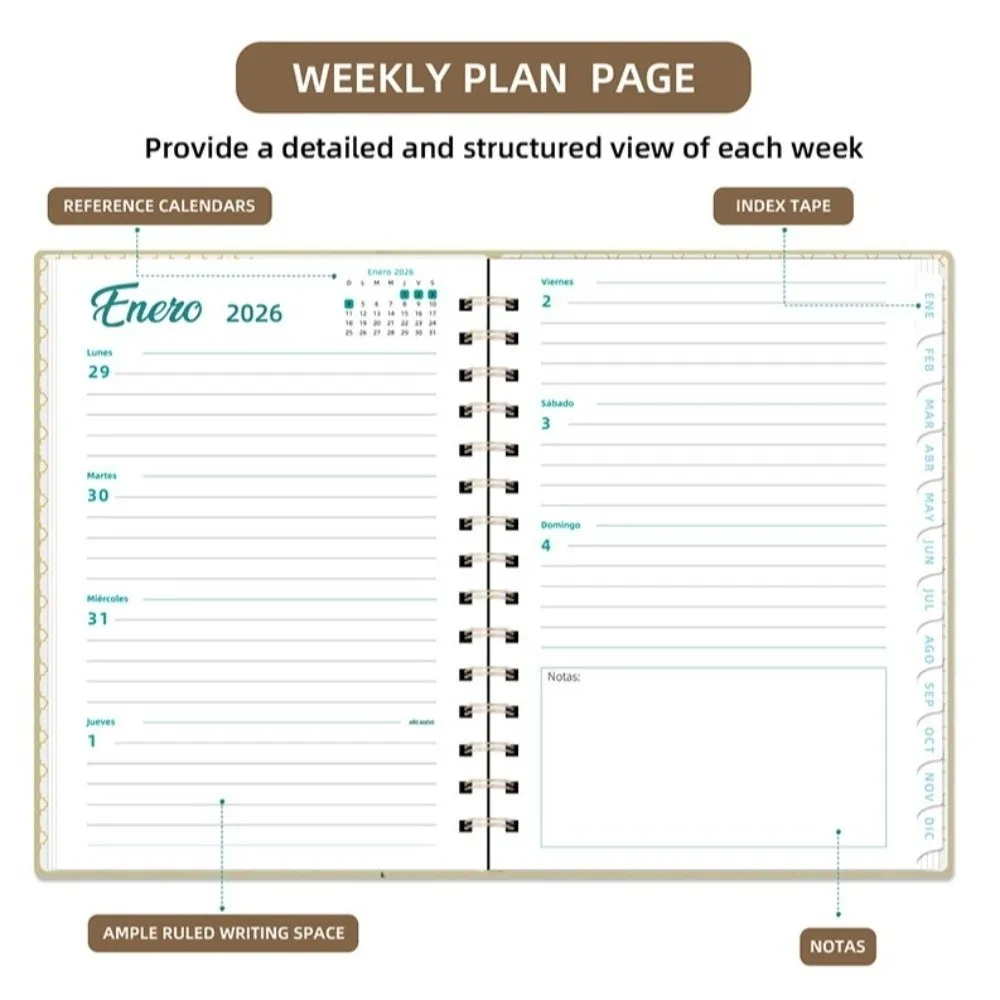 

2026 Spanish Planner a5 Notebook Coil Calendar Daily Organizer Self-Tracking Diary Book Convenient Essential