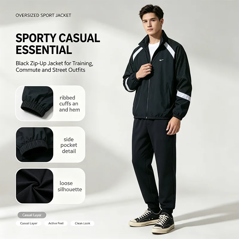 Nike Black Oversized Zip-Up Jacket Men White Side Stripes Stand Collar Casual Sporty Outerwear for Training Commute Street Style