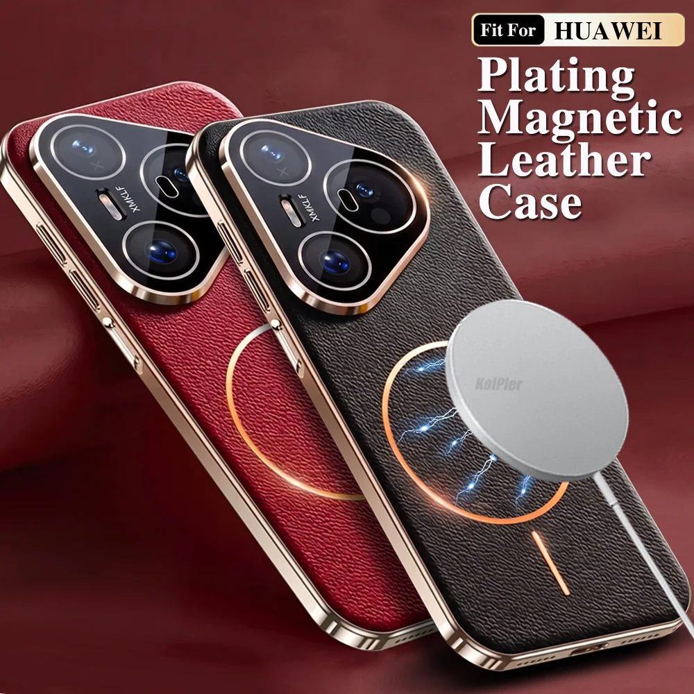 Electroplated Frame Leather Case For Huawei Pura 90s Pro 80 Magnet Full Wrapped Camera Lens Anti-Scratch Shell Wireless Charging