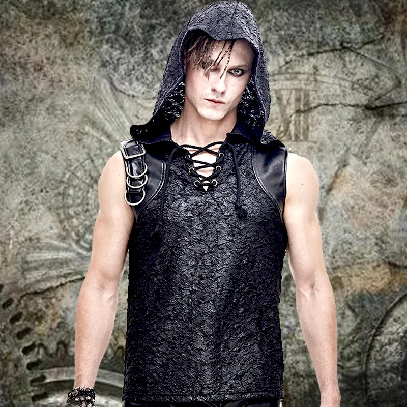 2025 Summer Rivet PU leather splicing men's sleeveless hooded T-shirt vest Gothic rock punk men's top clothing.