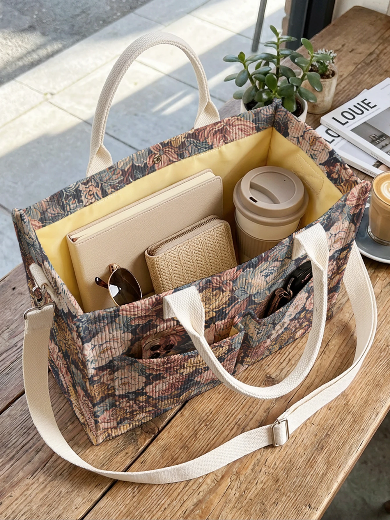 Vintage Floral Print Corduroy Tote Bag Large Capacity Multi Pocket Retro Flower Lover Commuter Shoulder Bag view 4