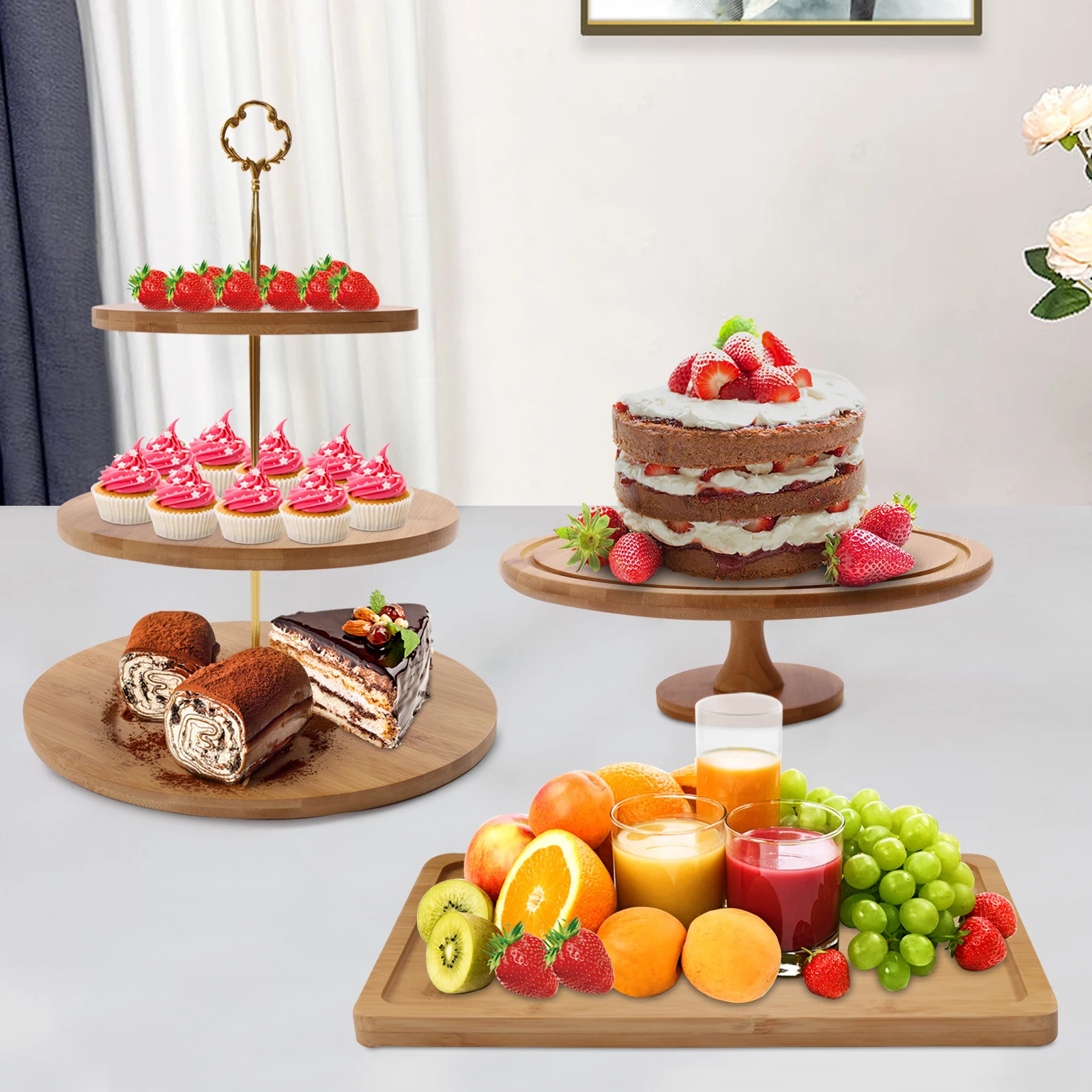 Bamboo Cake Stands Wedding Cupcake Stands 3PCS Round Decorative Cake Stand 3 Tiers