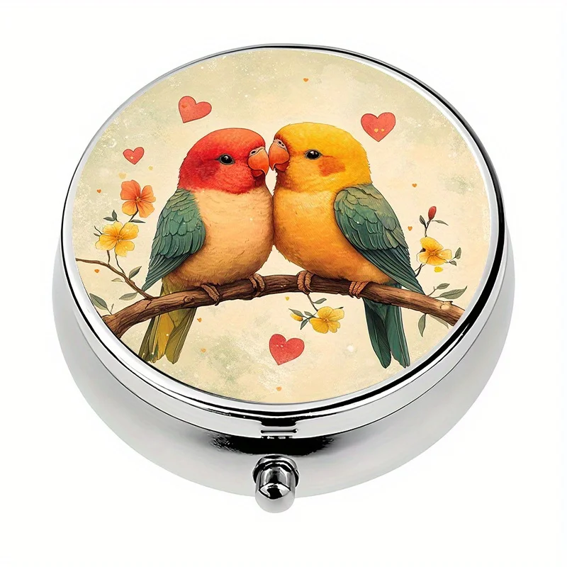 1 piece, portable travel pill box with 3 compartments, double lovebird design, portable pill and vitamin storage box, decorative metal pill box, ideal for personal outdoor travel and office medication reminders, pill box that can be placed in a handbag