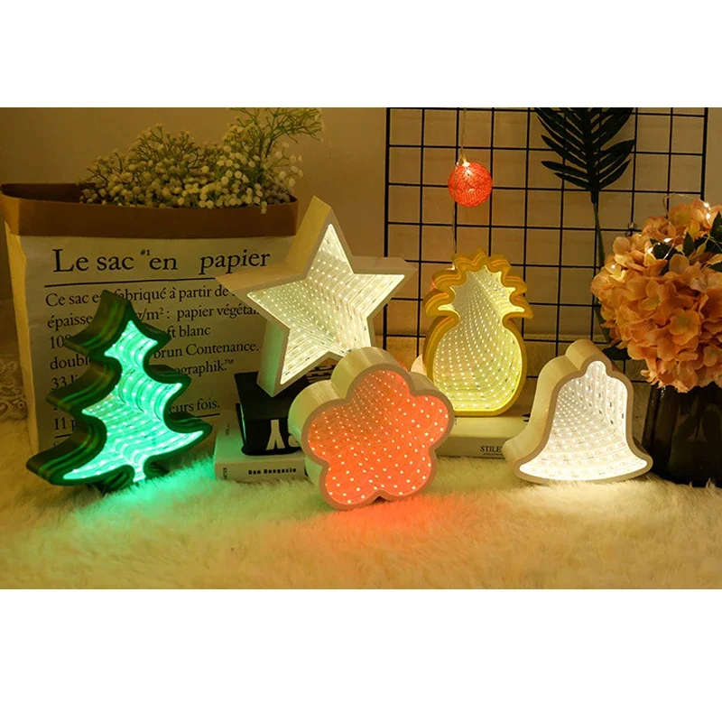 3D Mirror Lights Bells Tree Pentagram Love Night Light Infinity Creative LED Mirror Tunnel Lamp for Kids Baby Toy Gift