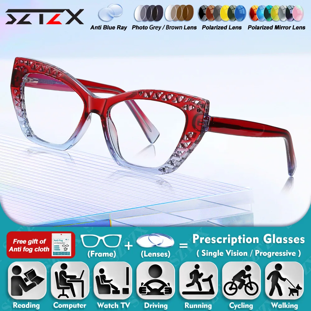 

SZTZX Currents Women Polygonal Myopia Computer Glasses Women Hollow-Out Design Anti Blue Ray Progressive Prescription Eyeglasses