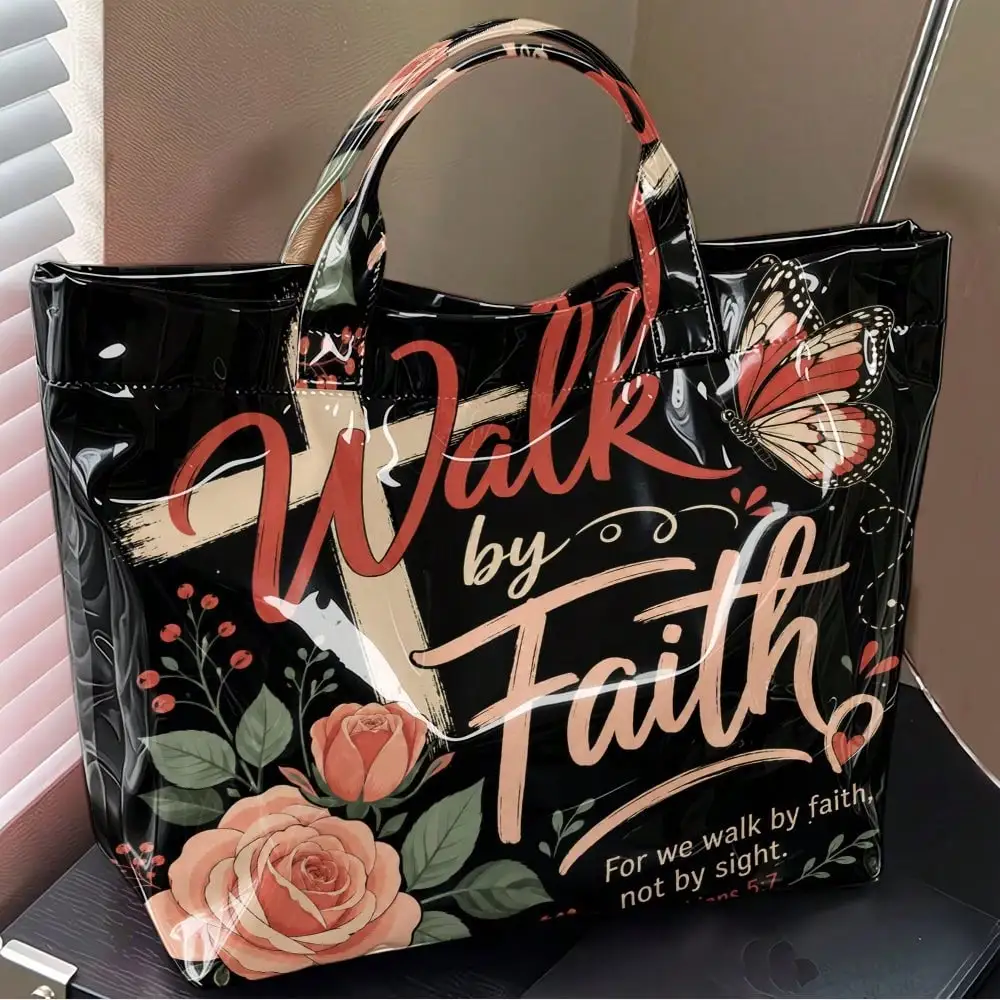 1pc Cross Floral Print Tote Bag, Large-Capacity Handbag, Suitable For Clothes, Parties, Leisure Portable Storage Bags.