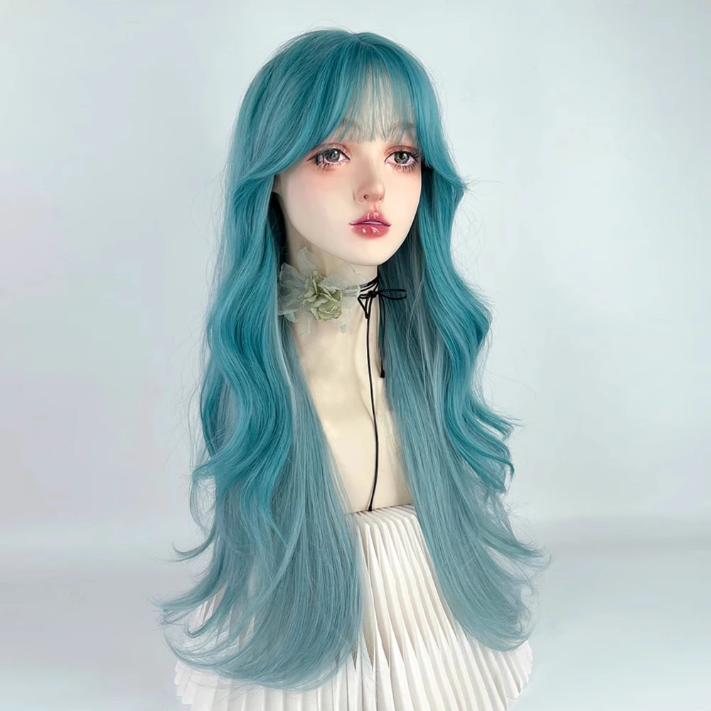 VICWIG Long Wavy Ombre Blue Green Blend Layer Synthetic Wig with Bangs Lolita Cosplay Women Fluffy Hair Wig for Daily Party