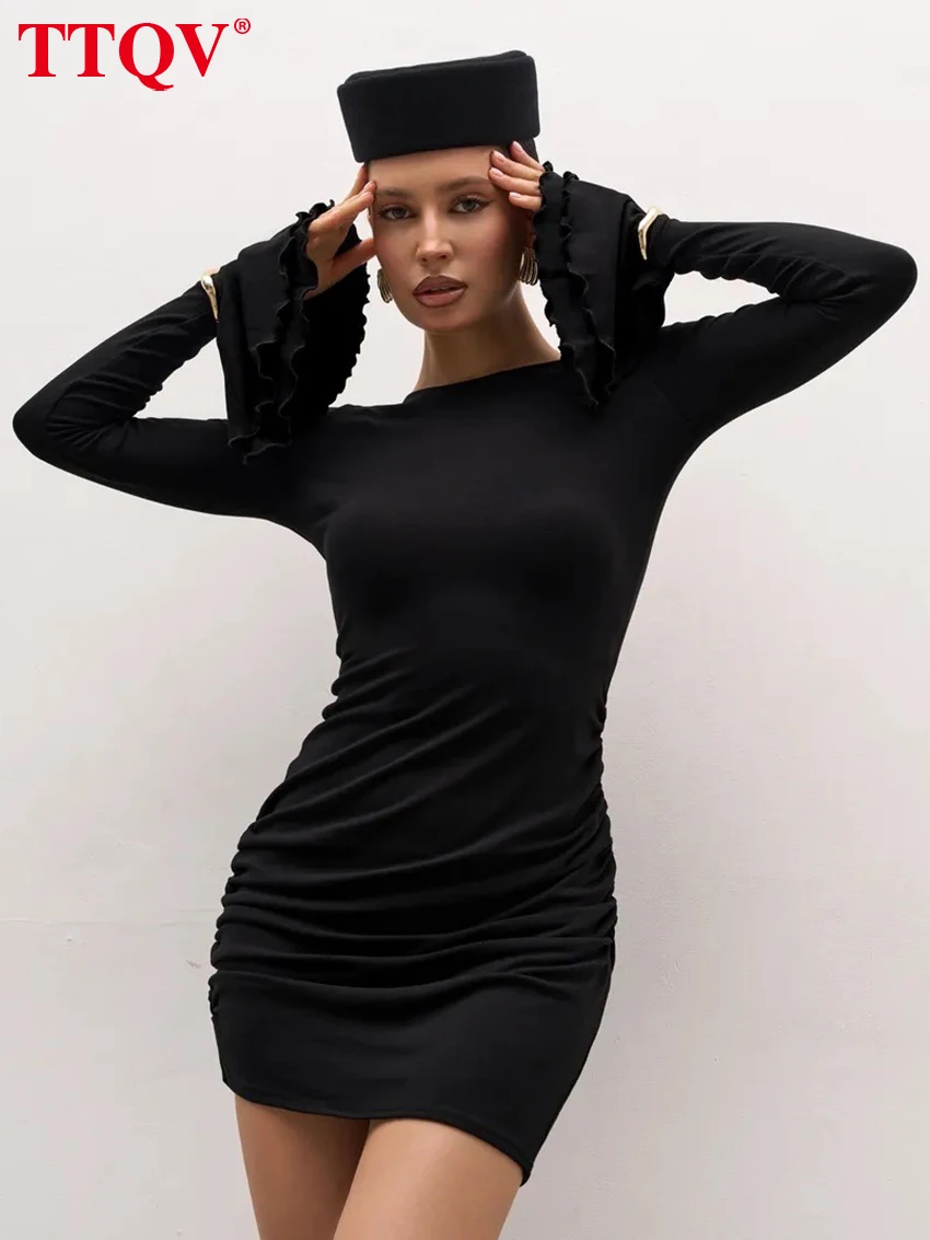 

TTQV Bodycon Black Knitted Women Dress 2026 Fashion O-Neck Long Sleeve Mini Dresses Elegant Simple Solid Female Dress Streetwear