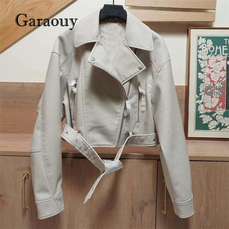 Garaouy 2024 New Spring Woman Faux Leather Jacket Chic Vintage Short Lapel Zipper Belt Biker Coats Fashion Streetwear Mujer Tops