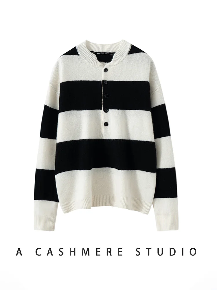 

Новый женский свитер из 100% кашемира, пуловер с полупланкой и круглым вырезом, толстый полосатый трикотаж контрастного цвета, осенне-зимние мягкие топы