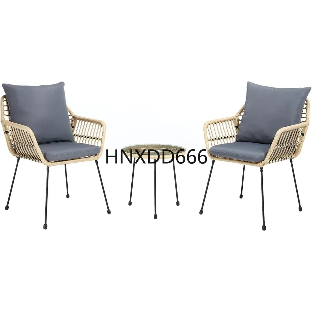 3 Pieces Patio Bistro Set, Upholstered Rattan Outdoor Chairs with Coffee Table, Metal Frame Bistro Table and Chairs Set of 2