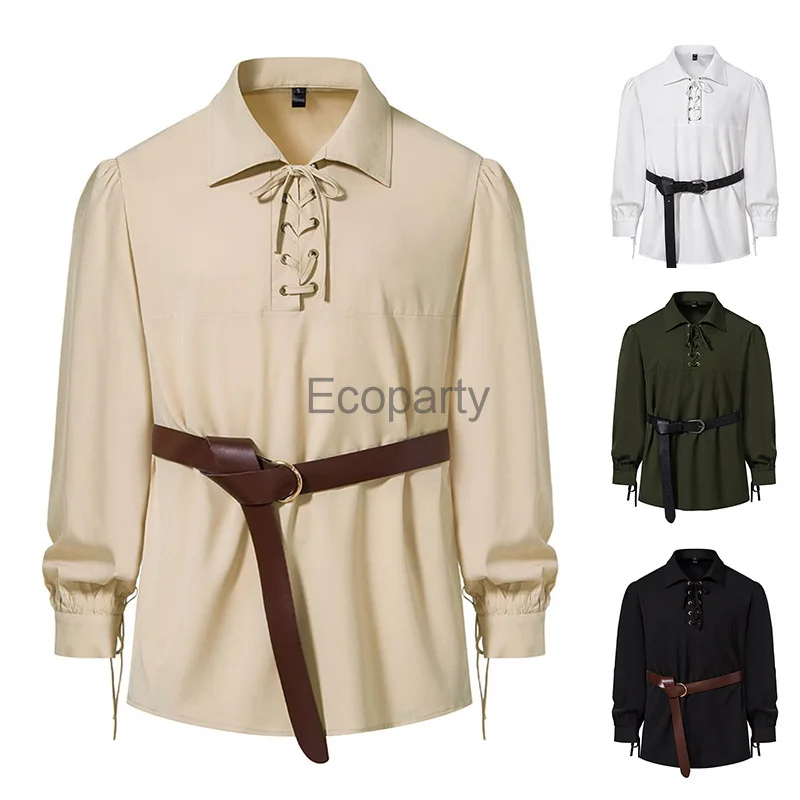 Men's Medieval Knight Warrior Costume Black Tunic Clothing Norman Chevalier Braid Pirate Cosplay Lapel Blouse Halloween Outfits