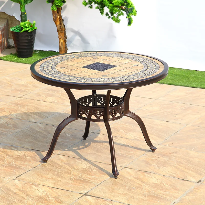 New Garden Outdoor Tiles Round Dining Table 100cm Waterproof and rust-proof Cast Aluminum Coffee Table for 4-6 People Furniture