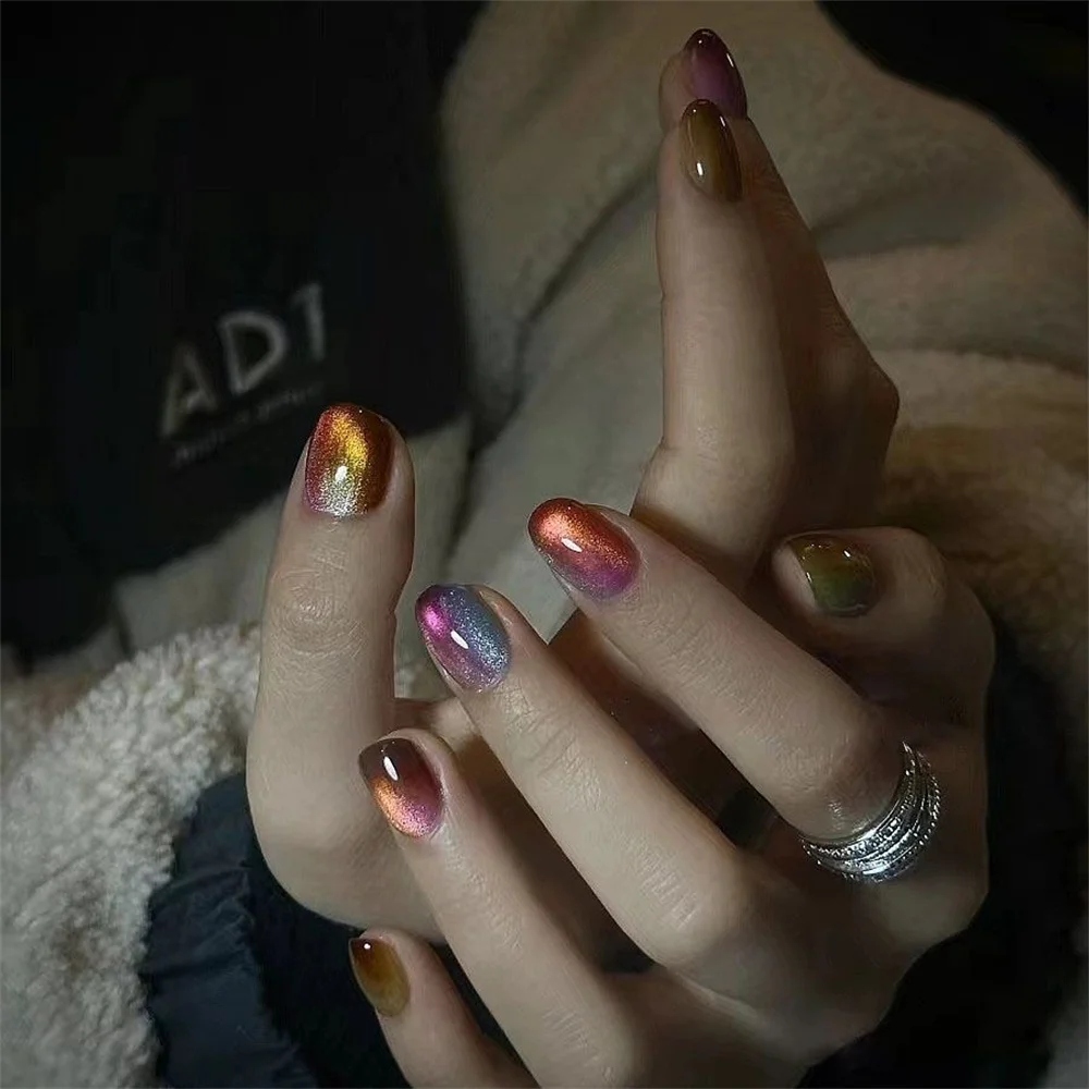 

10Pcs Color Handmade Manicure Short circle Fake Nails Rainbow Limited Nail Press On Nails Design with Adhesive Nail File Set