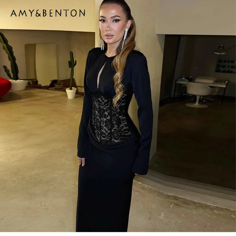 

Autumn New High-end Black Lace Splicing Fashion Dress Gothic Dark Hollow Out Design Sweet Cool Sexy Long Sleeve Dresses Ladies
