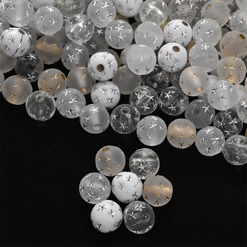 100 Stück 8 mm Sternmuster mattierte Acrylperlen, klare, runde, lose Perlen für die Schmuckherstellung, DIY-Armband, Halskette, Zubehör – Detail 4