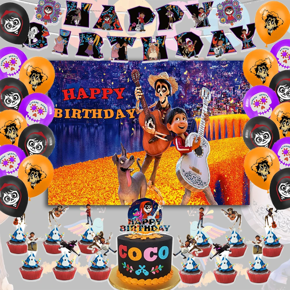 

Disney Coco Theme Birthday Party Decorations Day Of The Dead Backdrop Skeleton Balloon Banner Cake Topper Baby Shower Supplies